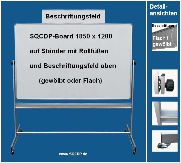 Das SQCDP-Board (1850x1200mm) auf Rollgestell MIT Beschriftungsfeld ber dem Board. Zur Bestellung dieses SQCDP-Boardsystems bentigen Sie die Bestellnummer 500-100-220 und die Bestellnummer des gewnschten Beschriftungsfeldes. Per Mausklick auf das Bild: Mail an SQCDP.de!